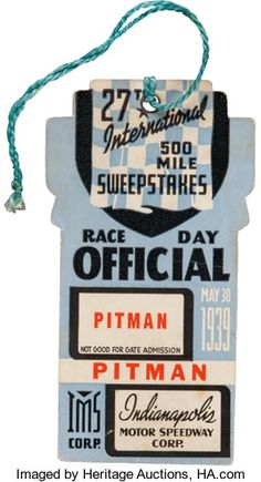 an old race day ticket hanging from a string on a white background with blue and black stripes