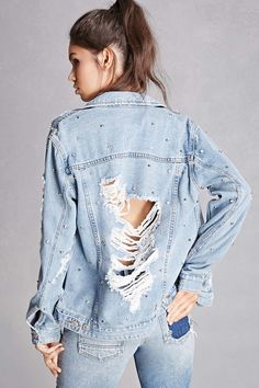 FOREVER 21+ Distressed Studded Denim Jacket Transforming Clothes, Jean Jacket Diy, Distress Denim, Studded Denim Jacket, Distressed T Shirt, Diy Jacket, Distressed Jacket, Studded Denim, A Ladder