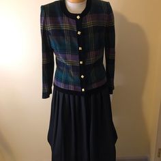 Two Piece Koret Jacket/Skirt Set; Fitted Purple Plaid Jacket W Black Velveteen Trim & Gold Square Buttons; Pleated Skirt Is Solid Black W Elastic Waist; Jacket Is Acrylic W Poly Lining, Skirt Is 100% Poly; Koret Tags W Extra Jacket Button Attached; Jacket Measures 23” In Back, 22” Armpit To Armpit; Waist Is 18” Seam To Seam, 32”Length; Very Striking Outfit, Nwt. Purple Skirt For Workwear In Fall, Purple Skirt For Fall Workwear, Fall Workwear Purple Skirt, Vintage Pleated Skirt, Waist Jacket, Printed Tights, Black Pleated Skirt, Purple Plaid, Plaid Jacket