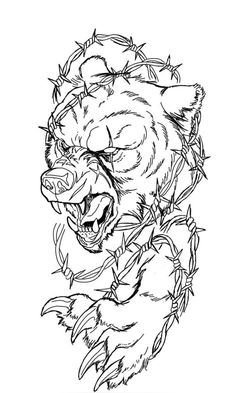 a drawing of a bear with barbed wire around its neck