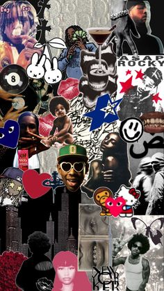 a collage of various images with people and symbols on them, all in different colors