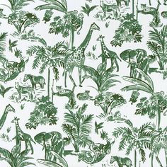 a green and white fabric with giraffes, palm trees, and other animals