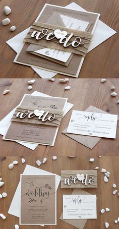 the wedding stationery is laid out on top of each other