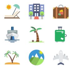 various travel and vacation icons are shown in this set, including suitcases, beach chair, palm tree, luggage bag, hotel