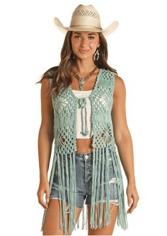 Vests - Rock & Rock Cowgirl Women’s Turquoise Crochet Vest RRWT38R0ZGTQ Boho Vest Outfit, Rock Cowgirl, Fringed Vest Outfit, Southwestern Clothing, Tie Front Vest, Crochet Vest Outfit, Boho Vest, Denim And Diamonds, Fringe Fashion