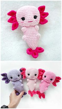 three different types of stuffed animals made out of knitted yarns and crochet