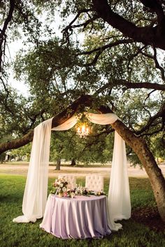 an outdoor wedding setup under the shade of a tree with draping and flowers