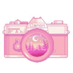 an old camera with trees and moon in the background