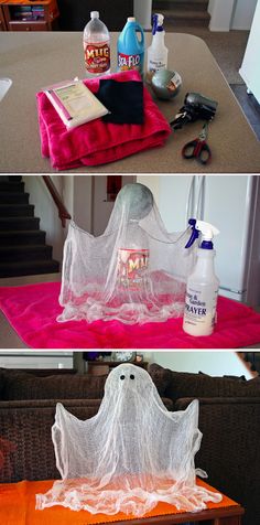 two pictures showing how to make a ghost - shaped halloween costume for someone's house