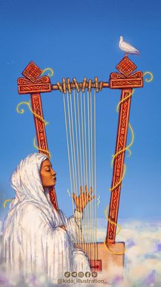 a painting of a man playing a harp with birds on the top and bottom of it