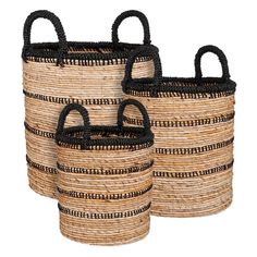 three black and white baskets with handles