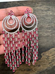 AD Wine Red Stone Long Earrings in Silver Polish Ad Earrings, Silver Polish, American Diamond, Red Stone, Social Events, Diamond Stone, Wine Red, Long Earrings, Indian Jewelry