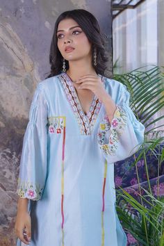 Blue kurta with multicolor resham and beads embroidery in floral motifs. Paired with scallop hem pant. - Aza Fashions Resham Work, Blue Kurta, Pant For Women, Floral Work, Pant Women, Beads Embroidery, Scallop Hem, Beaded Neckline, How To Hem Pants