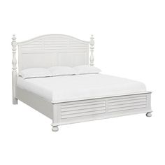 a white bed with two posts on the headboard and foot board, in front of a white background