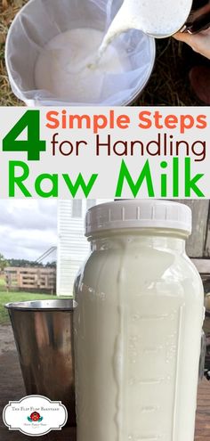 A photo collage of raw milk being poured into a bucked and a jar full of raw milk with the words "4 simple steps for handling raw milk" Homestead Cattle, Homesteading Life, Homestead Animals, Goat Care, Homestead Ideas, Mini Farm