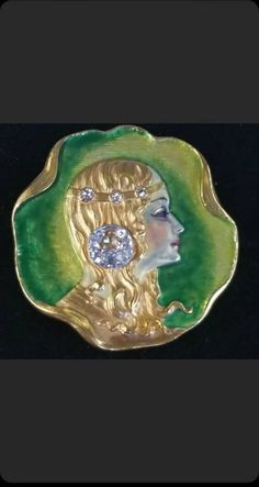 18k Yellow Gold Art Nouveau Enamel Diamond Watch Pin Brooch Whiteside & Blank The brooch depicts a women's head with green/yellow enamel and old European diamonds.  Enameling is in excellent condition for it's age.  The brooch measures approx 24mm by 24mm  Weight approx 8.9 gm.  Could add a bale and turn into a pendant.    Picture 9 shows similar brooch sold by Sotheby's 10-6-83 for $1045  Picture 9 is a brooch and pendant not for sale by me. Above item is only a brooch/watch pin.  You can find this information in Old Jewelry 1840-1950 5th addition, published 2006.  Author C Jeanenne Bell  Most of the items I sell are vintage or antique. They have had a previous life. You might find some minor imperfections or flaws. This is to be expected and adds to the individual character of the item. Yellow Gold Enamel Brooches, Gold Formal Enamel Pin, Gold Enamel Art Nouveau Brooches, Artistic Formal Brooch Jewelry, Art Nouveau Woman, Brooch Art, Antique Pins, Old Jewelry, Previous Life