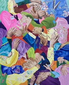 an abstract painting of many people in colorful clothing and hats, all holding hands together