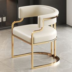 a white and gold chair sitting on top of a tile floor next to a counter