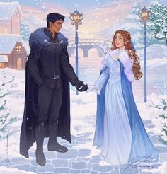 a man and woman dressed as snow queen and prince holding hands in front of a snowy landscape