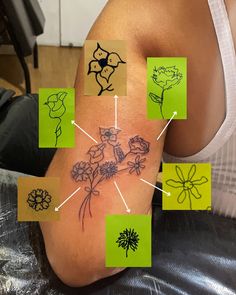 a woman's arm with flowers on it and sticky notes attached to the side