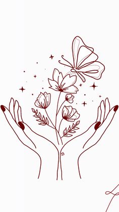 two hands are holding flowers and butterflies