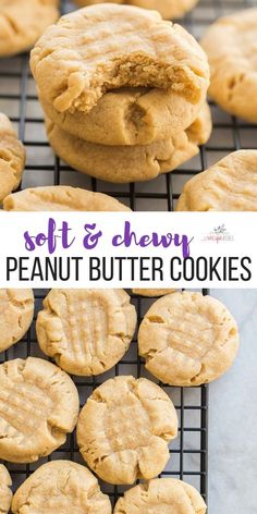 soft and chewy peanut butter cookies on a cooling rack with the title text above it