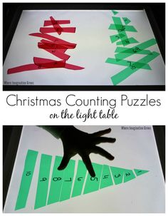 christmas counting puzzles on the light table with handprinted letters and numbers to match