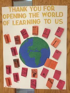 a bulletin board with post - it notes and the words thank you for opening the world of learning to us