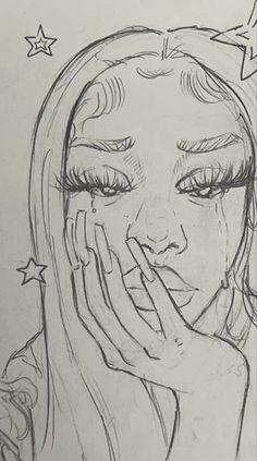 a drawing of a woman holding her hand to her face with stars above her head