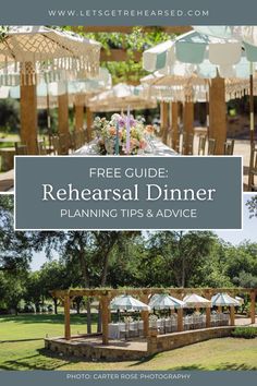 an outdoor dining area with tables and umbrellas in the background, text overlay reads free guide rereasal dinner planning tips & advice