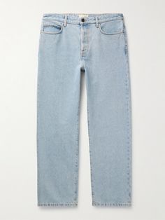 The Row's 'Morton' jeans are cut in a straight-leg silhouette and lightly washed to give them an authentic vintage-inspired look. Designed with a comfortable mid-rise, they've been made in Italy from light-blue denim. Straight Cut Pants, Mens Workwear, Jeans For Men, Light Blue Jeans, Jeans Light, Light Blue Denim, Light Wash Denim, Blue Denim Jeans, Light Denim