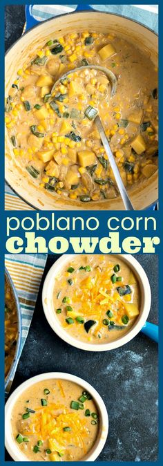 two bowls of potato corn chowder next to each other