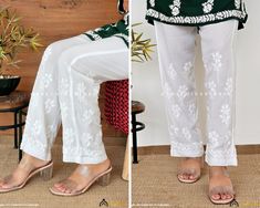 Fabric : Modal Cotton Style : Straight Pant Occasions : Casual Wear, Office Wear, Party Wear Price Includes : 1 Modal Pant Garment Care : Hand Wash Only Waistband : Elasticated Length : 35-36 Inches Waist : Fits 28-42 Inches Cotton Pants Women Casual, Pants Women Casual, White Pant, Pant For Women, Womens Trousers, Indian Embroidery, Wide Pants, Pants Pattern, White Pants