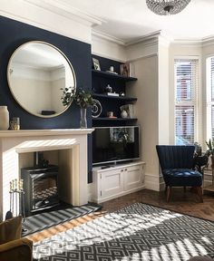 a living room filled with furniture and a fire place in front of a tv mounted on a wall