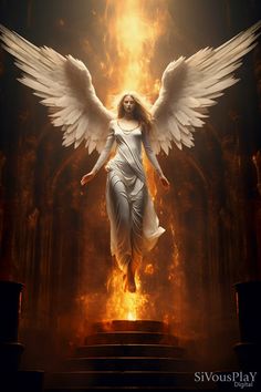 an angel with white wings is standing on some steps in front of a bright light