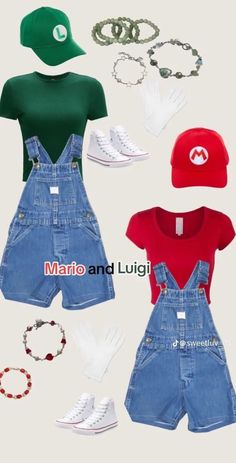 four pieces of clothing and accessories are arranged in the shape of a circle, including a baseball cap, jeans overalls, red t - shirt, green hat