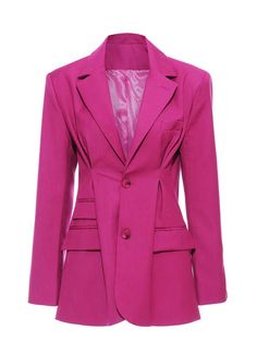 Stretch polyester woven blazer with dappled fabric details. Figure fitting and padded shoulders. Jewel buttons. Two flap pockets. Inner lining. Blazer Rose, Pleated Blazer, High Street Fashion, Women Rising, Pink Blazer, New Fashion Trends, Solid Clothes, Box Pleats, Blazer Fashion