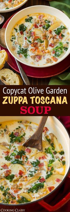 two pictures showing how to make zuppa toscana soup in a red casserole dish