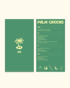 a menu with palm trees on the front and back cover, along with other food items