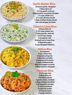 the different types of rice in bowls are shown on a table with instructions for how to cook