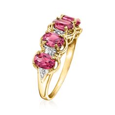 Ross-Simons - C. 1980 Vintage 2.60ct t. w. Rhodolite Garnet Ring, Diamond Accents. Size 8. C. 1980. You'll love the regal feel this ring from our Estate collection gives off. Here, four 2.60 ct. t. w. oval rhodolite garnets line the top of the ring in shapely settings. Diamond accents set in 14kt white gold are sprinkled between the berry-colored gems, adding more light to the design. Crafted in 14kt yellow gold. 5/16" wide. Rhodolite garnet ring. Exclusive, one-of-a-kind Estate Jewelry. Rhodolite Garnet Ring, Fine Jewelery, Ring With Diamond, Garnet Ring, Colored Gems, Rhodolite Garnet, Garnet Rings, Ring Diamond, Estate Jewelry