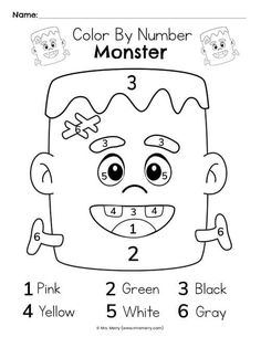 the color by number monster is shown with numbers for each child's face and head