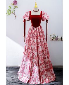 Prom Dress With Square Neck And Corset Back, Square Neck Prom Dress With Corset Back, Prom Season Dresses With Corset Back And Square Neck, Square Neck Dresses With Corset Back For Prom, Aline Prom Dress, Burgundy Prom, Wedding Dress Boutiques, Velour Dress, Burgundy Floral