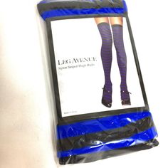 Leg Ave Royal Blue & Blk Stripe Thigh Highs Nwt Nos New With Tags New Old Stock Style # 6005 Blue & Blk Nylon Striped Thigh Highs Great To Complete Your Halloween - Theatre Costume Burlesque Dance Hall Cosplay One Size Fits 90 160 Lbs 50% Nylon / 50% Polyester Hand Wash Warm Water Drip Dry Do Not Bleach Fitted Blue Thigh-high Stockings, Fitted Blue Thigh High Hosiery, Blue Fitted Thigh-high Hosiery, Blue Fitted Thigh-high Legwear, Fitted Thigh-high Blue Legwear, Fitted Blue Knee-high Legwear, Fitted Blue Knee-high Hosiery, Striped Thigh Highs, Burlesque Dance