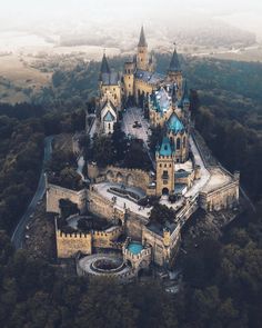 an aerial view of a castle surrounded by trees