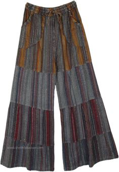 Cotton fabric and wide-leg pants are two perfect words for summertime bohemian comfort; these pants are stylish and perfect to lounge around in.  With a striped pattern with overall shades of grey with some underlying assorted colors showing from underneath, these wide-leg pants make a unique pair. #tlb #Striped #bohemianfashion #BohemianPants Bohemian Wide Leg Striped Pants, Bohemian Striped Cotton Pants, Gray Bohemian Bottoms For Spring, Gray Bohemian Spring Bottoms, Bohemian Gray Bottoms For Summer, The Little Bazaar, Grey Clothing, Plain White Shirt, Bohemian Pants