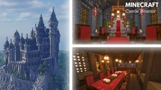 the interior and exterior of a castle in minecraft, including a dining table with red chairs