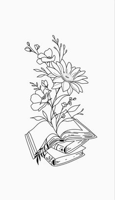 a drawing of a book with flowers in it and a clock on the back ground