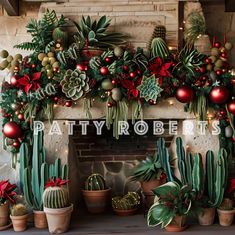 a mantel covered in potted plants next to a fire place filled with christmas decorations