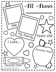 an all about me coloring page with pictures and hearts